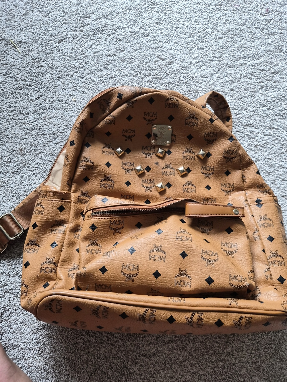 MCM Cognac Logo Studded Leather Backpack